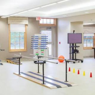 A physical therapy room equipped with balance training apparatus and exercise equipment.