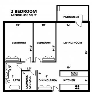 A floor plan of a two-bedroom apartment layout with dimensions.