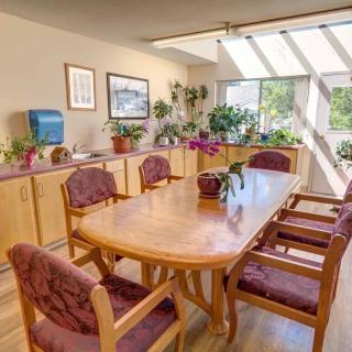 A bright dining room with a wooden table, chairs, and an abundance of indoor plants.