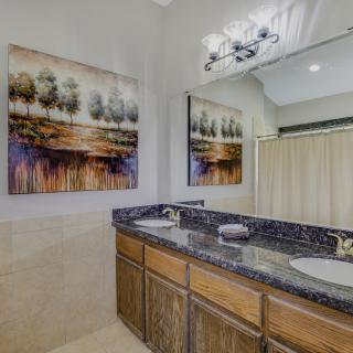 A modern bathroom with a double sink, granite countertop, and decorative artwork above the sinks.