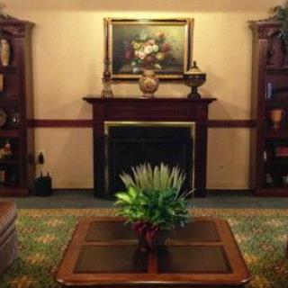 A cozy living room featuring a fireplace adorned with a painting, flanked by shelves, and a coffee table with a plant centerpiece.