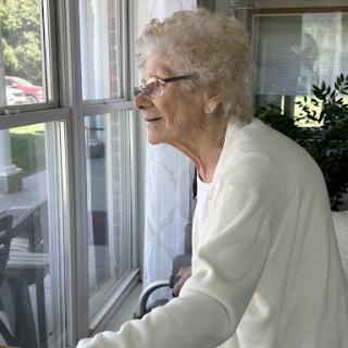 An elderly woman gazing thoughtfully out the window, enjoying the view and the warm sunlight.