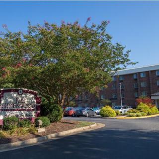 A hotel entrance with a sign, landscaped greenery, and parking area.