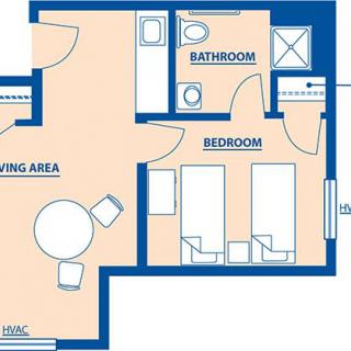 A simple floor plan of a one-bedroom apartment showing a living area, bathroom, and bedroom.