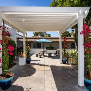 A sunny outdoor patio with a pergola, decorated with vibrant flowers and potted plants.
