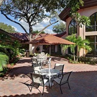 A tranquil outdoor patio with tables and chairs under a large tree, surrounded by a building.