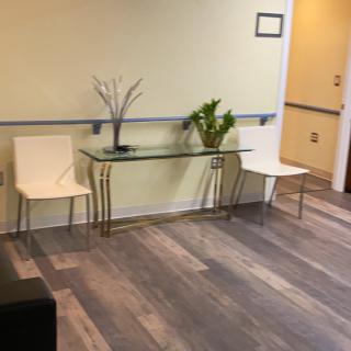 A minimalist waiting area with chairs and a glass table adorned with plants.