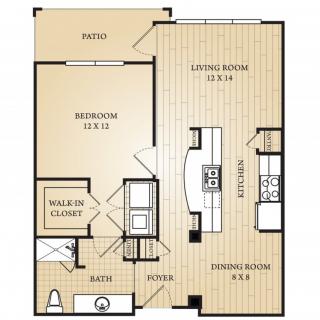 A detailed floor plan of a one-bedroom apartment featuring a walk-in closet, kitchen, dining room, living room, and patio.