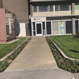 A pathway leads to the entrance of a building, with manicured grass and landscaping on either side.