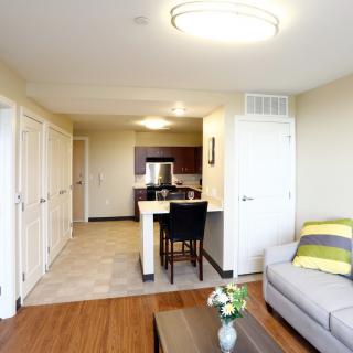 A modern open-concept apartment with a view from the living room towards the kitchen.