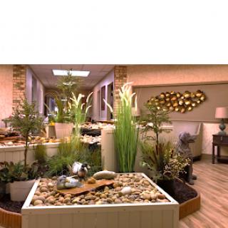 A serene lobby area featuring a decorative plant arrangement and a calming water element.
