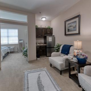 A cozy apartment living area with modern furnishings and a kitchenette in the background.