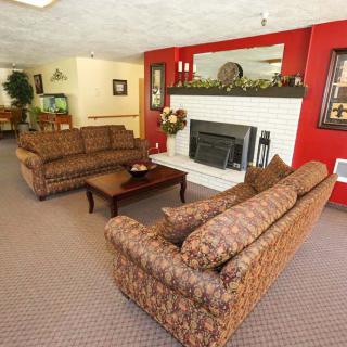 A cozy living room featuring patterned sofas, a central fireplace, and elegant decor.