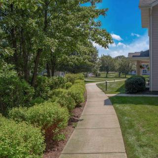 A picturesque pathway through a landscaped residential area on a sunny day.