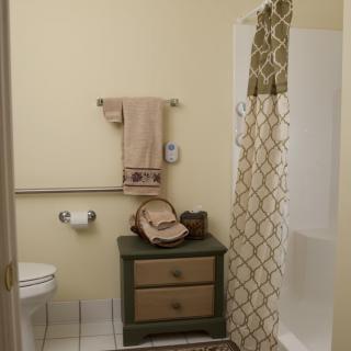 A neatly organized bathroom with a patterned shower curtain, a small cabinet, and decorative towels.