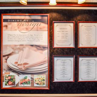 Restaurant menu display with various dining options and elegant design.