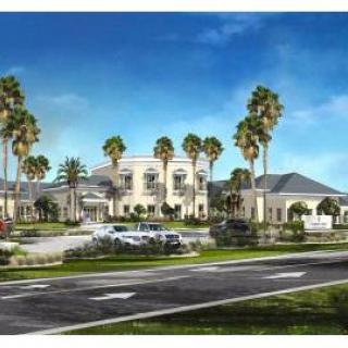 A stunning architectural design featuring a blend of modern and classic elements, surrounded by palm trees and beautifully landscaped gardens.