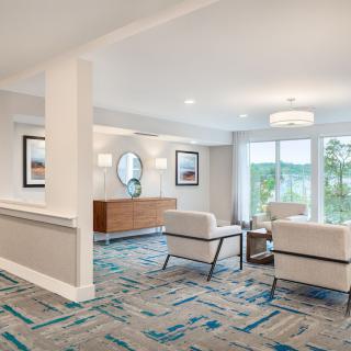 A modern lounge area with comfortable seating and stylish decor.