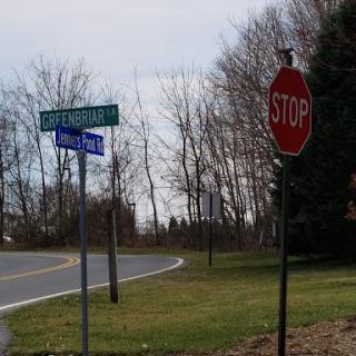 A view of a road intersection featuring a stop sign and street names.