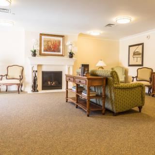 A cozy living room with a fireplace, elegant furniture, and warm decor.