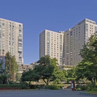 A view of tall residential buildings surrounded by trees in an urban setting.