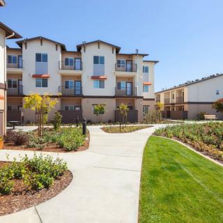 A modern apartment complex with well-maintained landscaping and pathways.