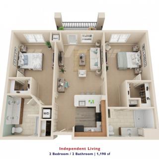 A 3D floor plan of a two-bedroom, two-bathroom apartment with a kitchen, living room, dining area, and balcony.