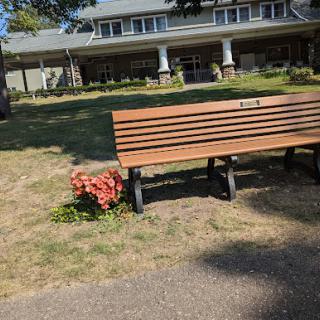 A serene park scene featuring a wooden bench with flowers nearby and a building in the background.