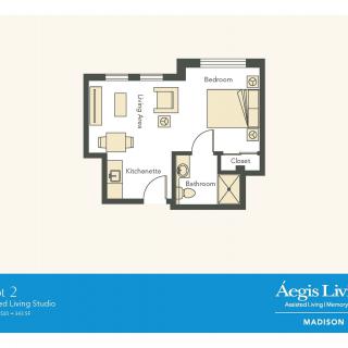 Studio apartment floor plan layout from Aegis Living.