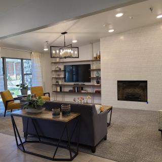 A modern living room with a cozy fireplace, built-in shelves, and stylish furniture.