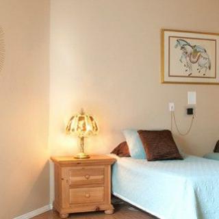 A cozy bedroom with a single bed, nightstand, and decorative lamp.
