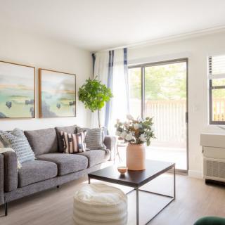 A bright and modern living room with a comfortable sofa, coffee table, and tasteful decor.