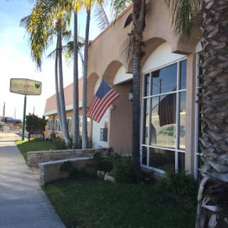 A sunny exterior view of a building adorned with an American flag and surrounded by palm trees.