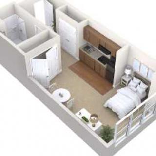 3D rendering of a compact studio apartment layout featuring an integrated kitchen, bedroom, and bathroom.