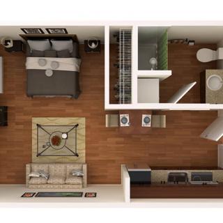 A top-down view of a one-bedroom apartment floor plan featuring a living area, kitchen, bathroom, and bedroom.