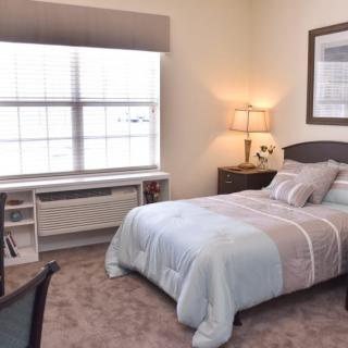 A cozy and modern bedroom with a single bed, bedside lamp, and large window.