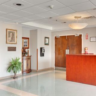 A welcoming lobby with a reception desk, decorative wall art, and a touch of greenery.