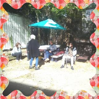 A casual outdoor gathering with friends enjoying the sunny day under an umbrella.