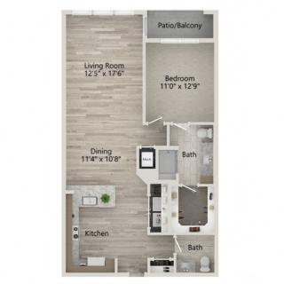 One-bedroom apartment floor plan with open concept living, dining, and kitchen areas, featuring a bathroom and a patio/balcony.