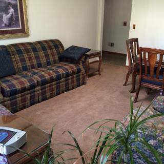 A cozy living room with a plaid sofa, wooden table and chairs, and indoor plants.