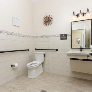 A modern, accessible bathroom equipped with a toilet, sink, mirror, and grab bars.