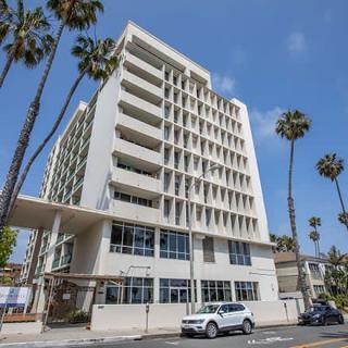 A modern multi-story building surrounded by palm trees and cars on a sunny day.
