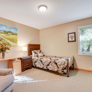 A cozy and well-lit bedroom featuring a single bed, a decorative quilt, and a touch of nature with artwork on the wall.