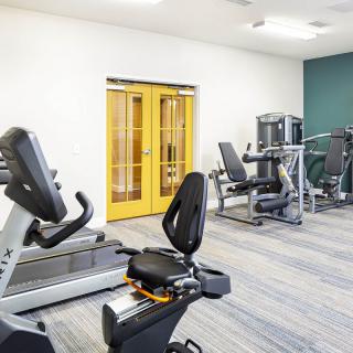 A modern fitness center equipped with various exercise machines including treadmills, stationary bikes, and weights.