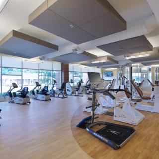 A spacious and modern gym with various exercise machines and cardio equipment.