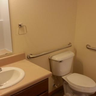 A bathroom with a sink, toilet, and grab bars on the walls.
