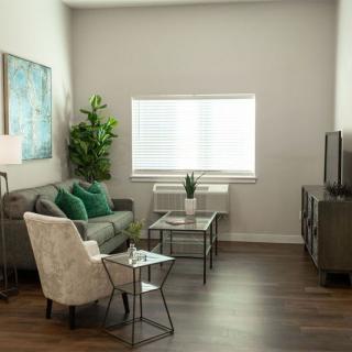 A modern living room with a sofa, armchair, and coffee table, decorated with plants and artwork.