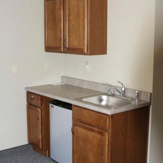 A small kitchenette with wooden cabinets, a sink, and a mini fridge.