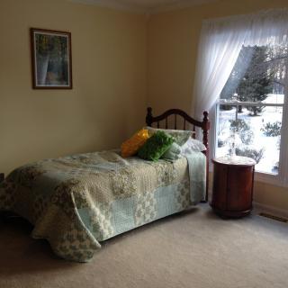 A cozy bedroom with a single bed and a window view.
