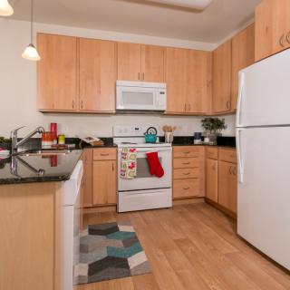 A modern kitchen with wooden cabinets and essential appliances.